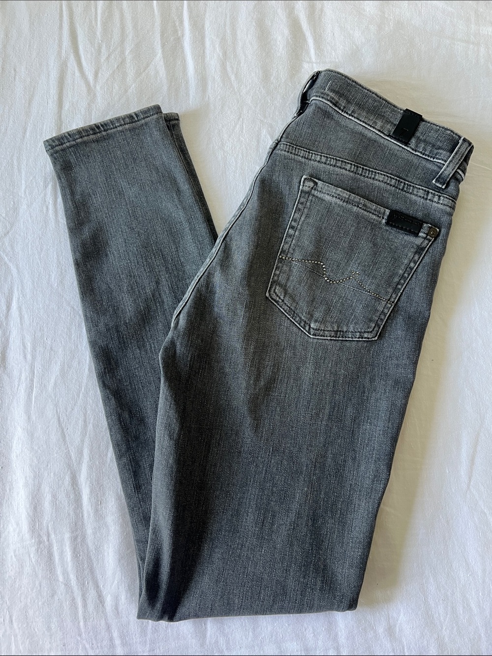 7 For All Mankind Charcoal Gray Denim Jeans with Crystal Motif on Pockets